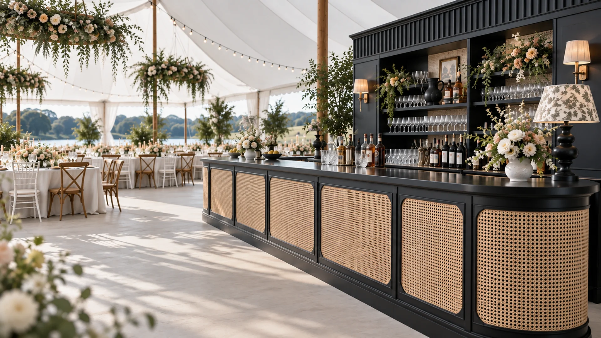 Wedding bar counter under a lakeside tent