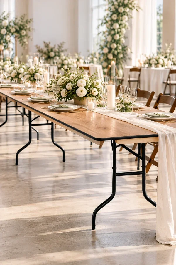 Banquet tables set for a wedding reception