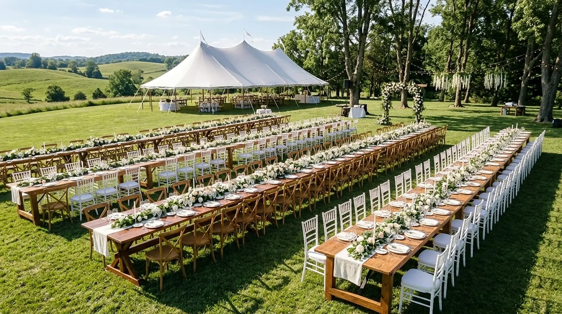 Solid wood farm tables at an outdoor estate wedding reception