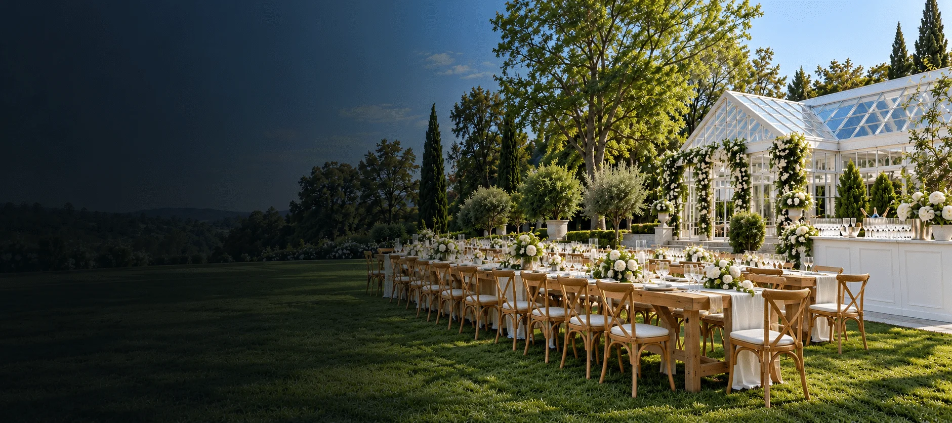 Wedding reception furnished with Sunzo crossback chairs, farm tables and a bar counter