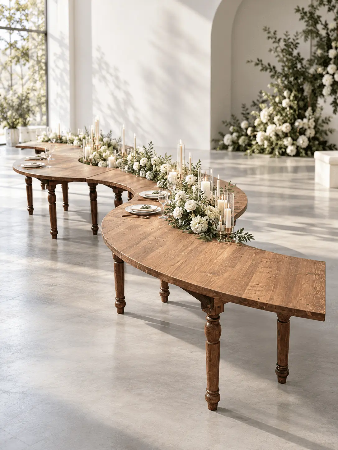 Wood farm table set for a wedding dinner